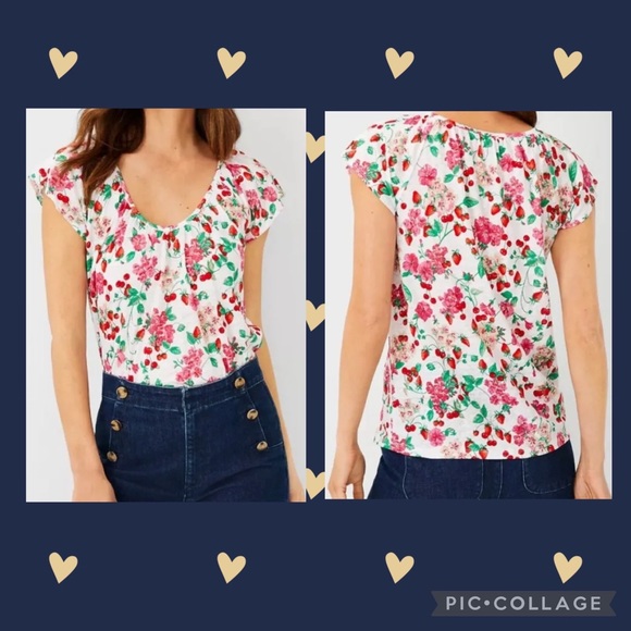 ANN TAYLOR FLORAL GATHERED SCOOP NECK PURE LINEN TEE MEDIUM - Picture 1 of 12